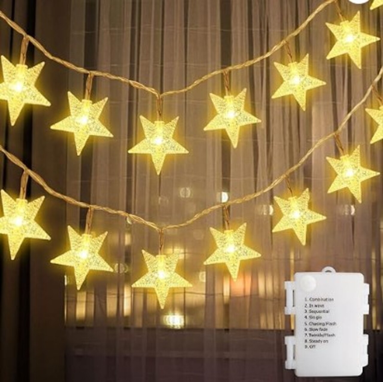 Battery Powered Star Fairy String Lights (Warm White), 13.2ft 40 LED Five-Pointed Star String Lights with Timer for Christmas, Bedroom, Party, Wedding, New Year, Garden Décor